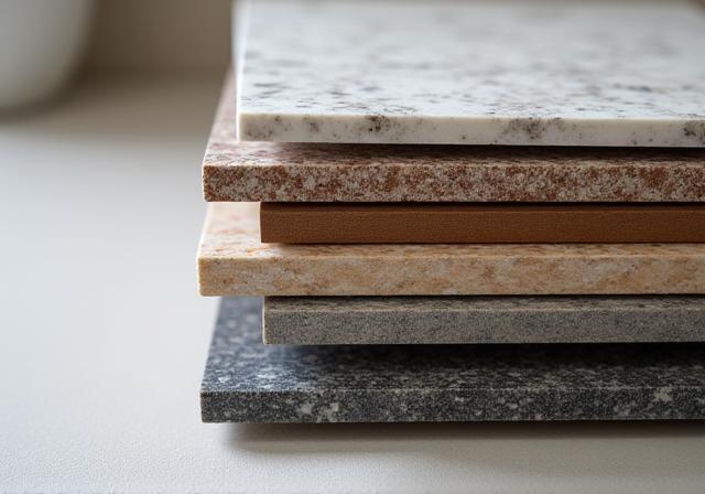 A stack of various kitchen benchtop material samples