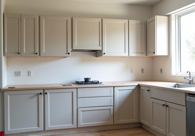 A kitchen mid-renovation showing new cabinetry