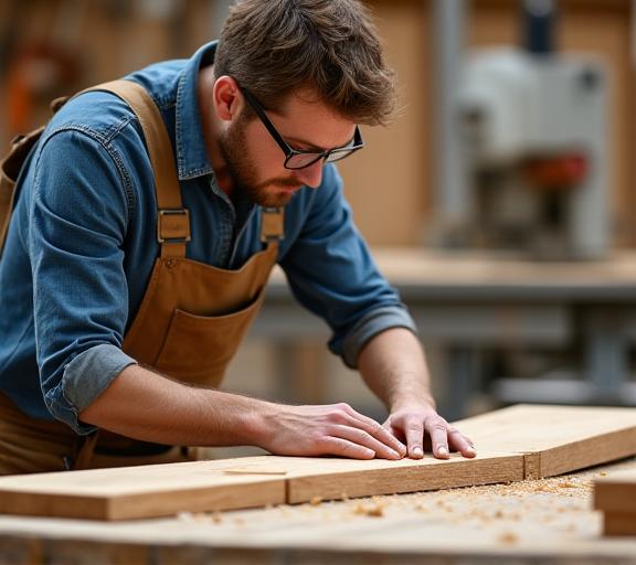 A carpenter working with sustainable timber in the Aussie Kitchen Craft workshop